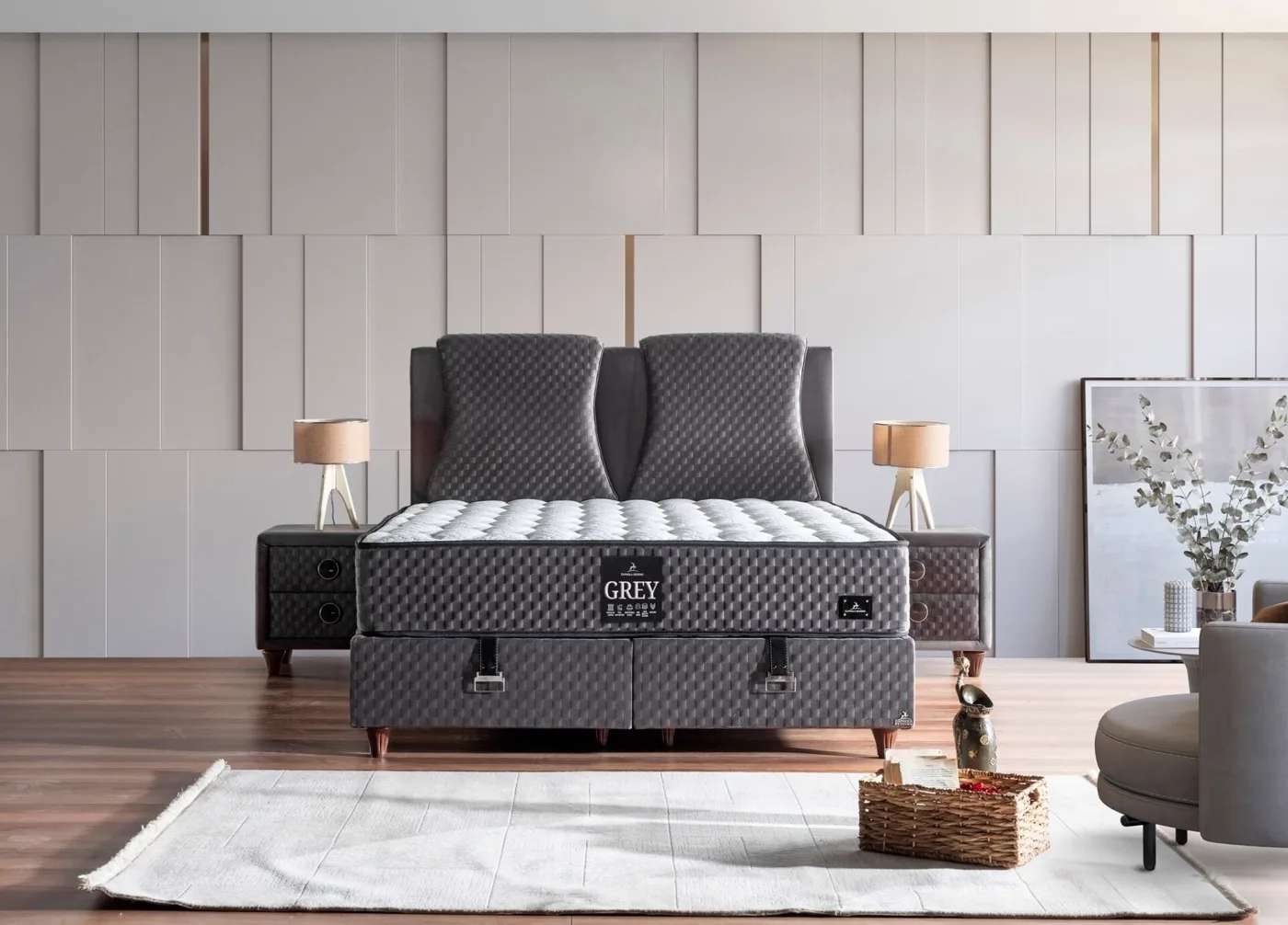 Grey Sleep 160x200 Double Mattress, Divan Base, Headboard Set CP1028