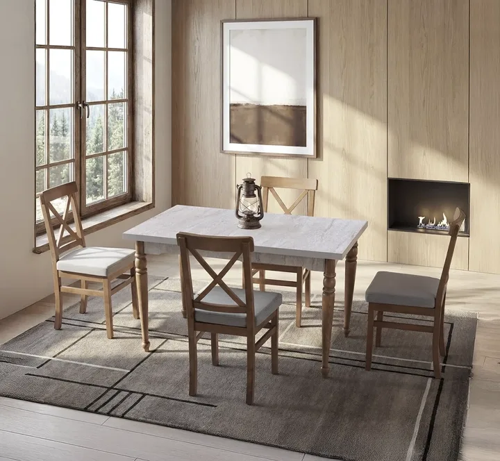 Rustic Travertine and Walnut Table & Rustic Chair Set HDR1452