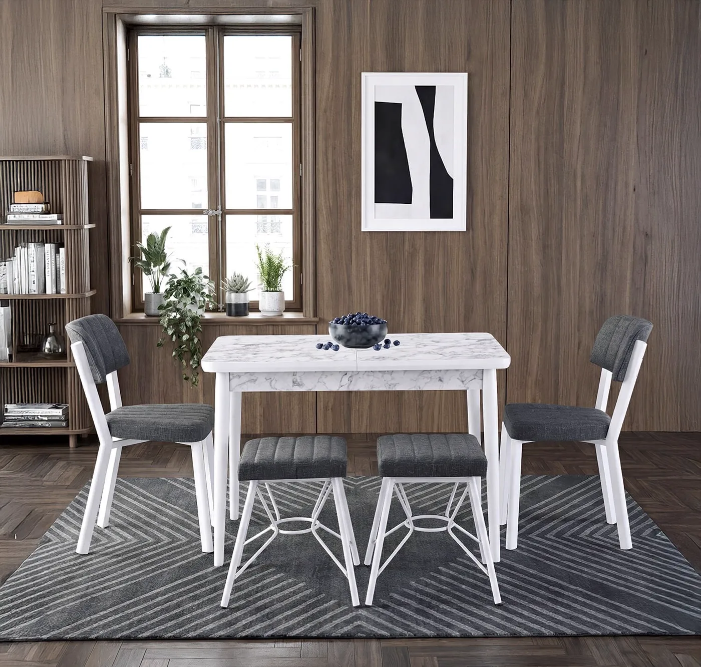 Zen Beyaz Mermer Masa & Gözde Sandalye & Gözde Tabure Takımı HDR1456