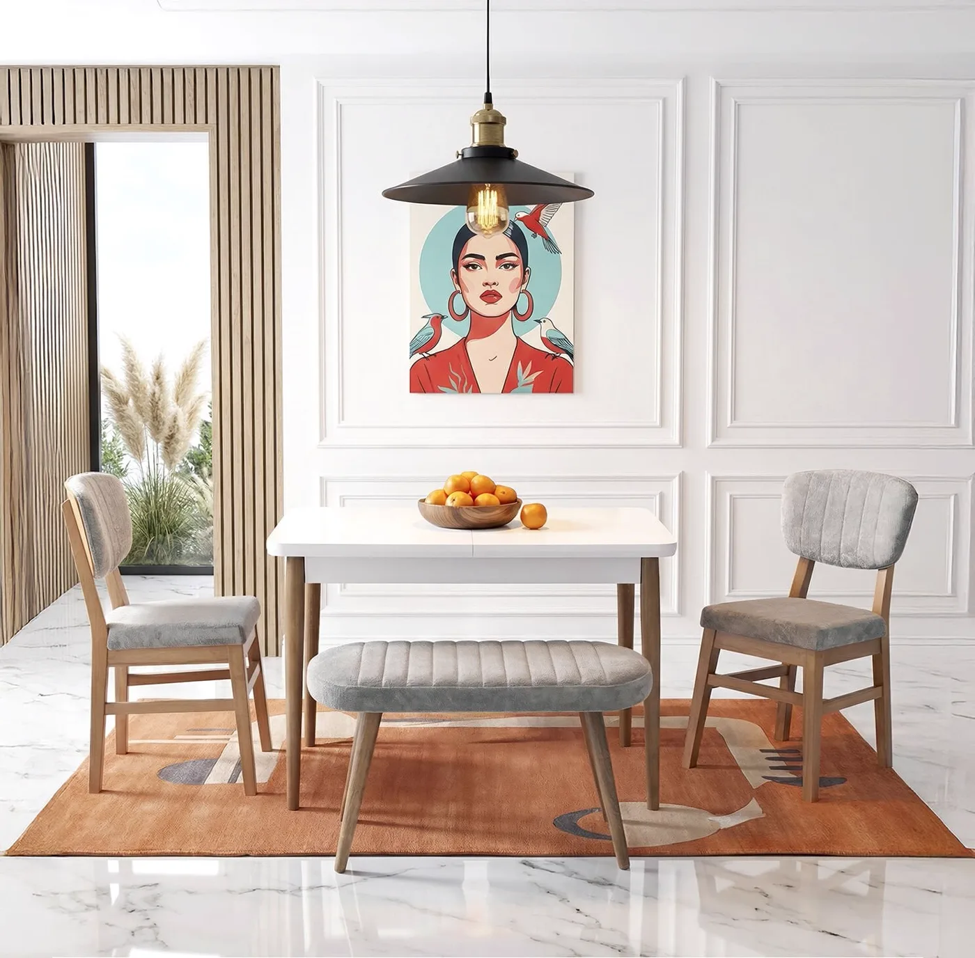 Zen White Table & Manolya Chair & Kismet Bench Set HDR1454