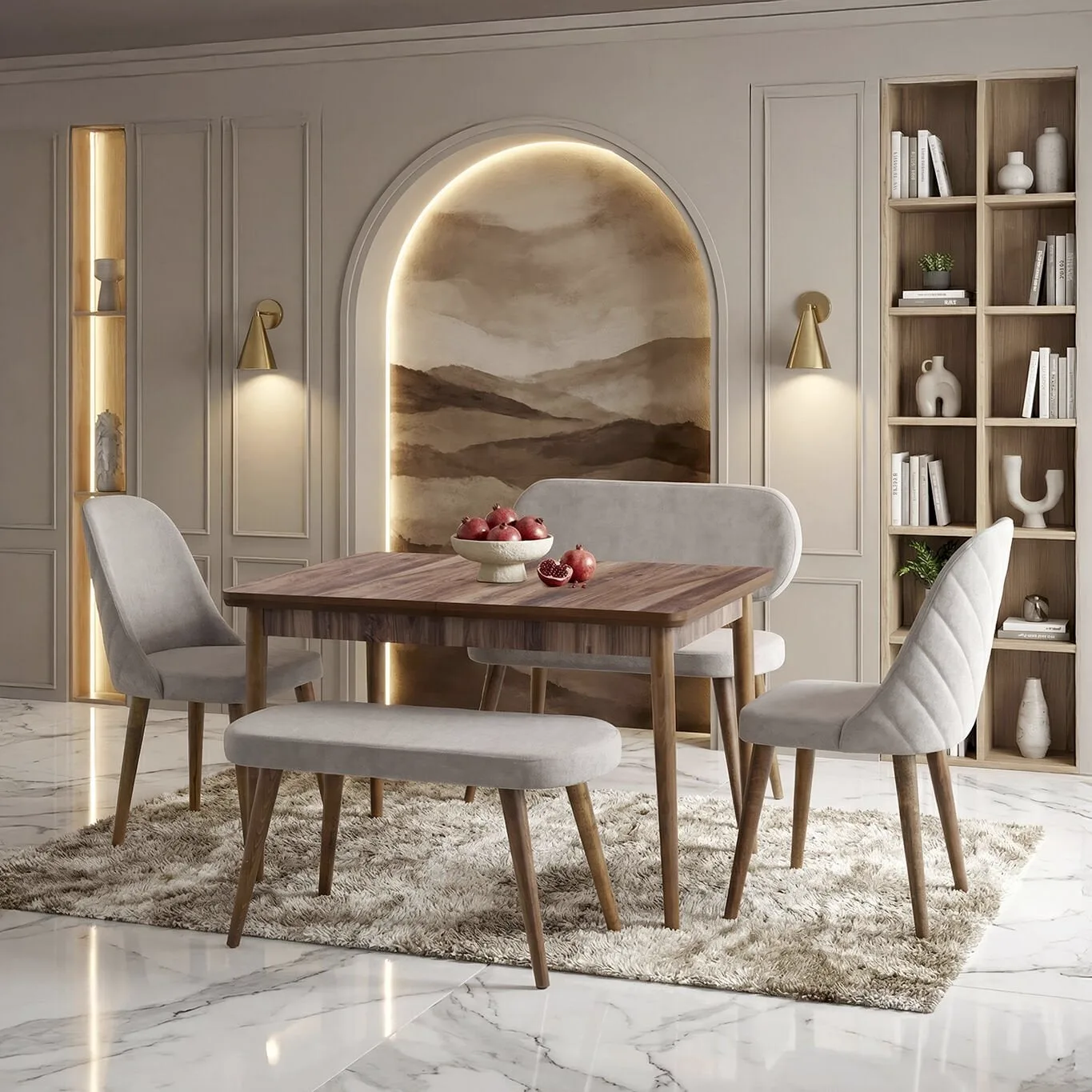Mix Walnut Table & Kismet Chair & Kismet Bench Set HDR1438