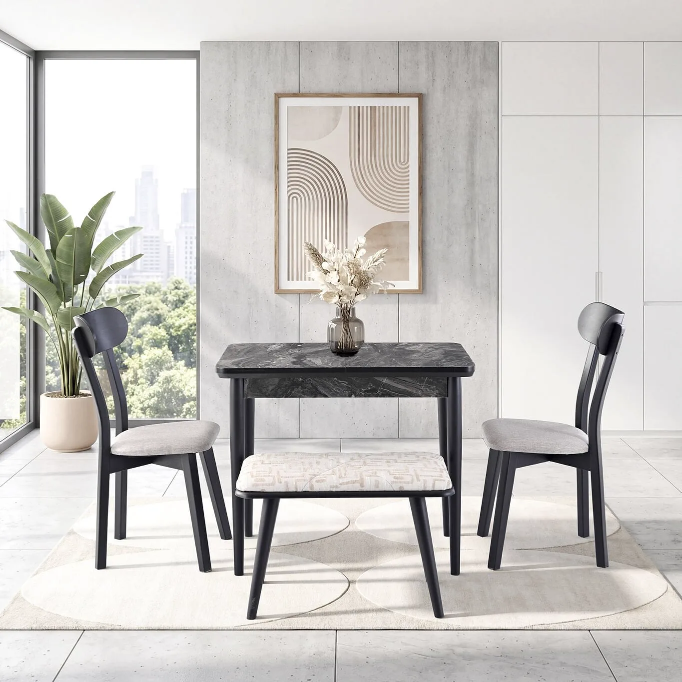 Izmir Black Marble Table & Izmir Chair & Ruya Mini Bench Set HDR1429