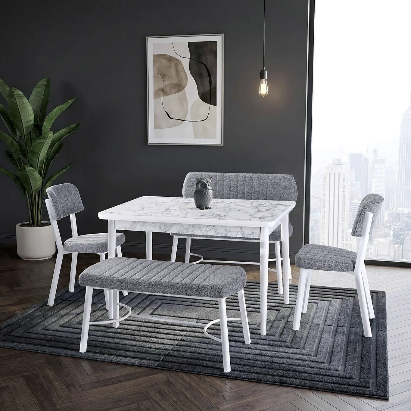Mix White Marble Table & Ceyda Chair & Ceyda Bench Set HDR1435