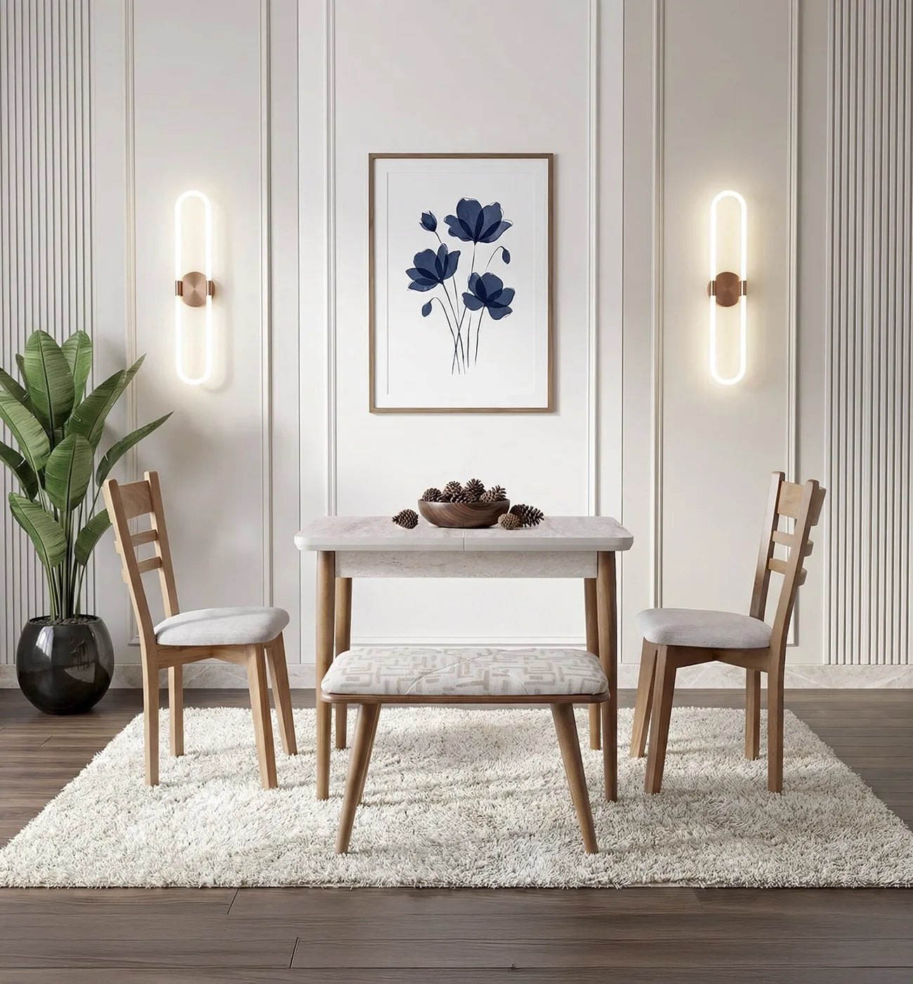 Izmir Travertine Table & Izmir Chair & Ruya Mini Bench Set HDR1430