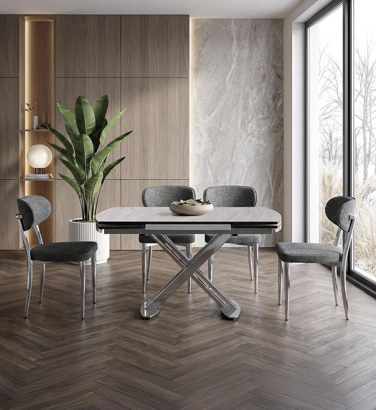 Galata Travertine Table & Elma Chrome Chair Set HDR1419