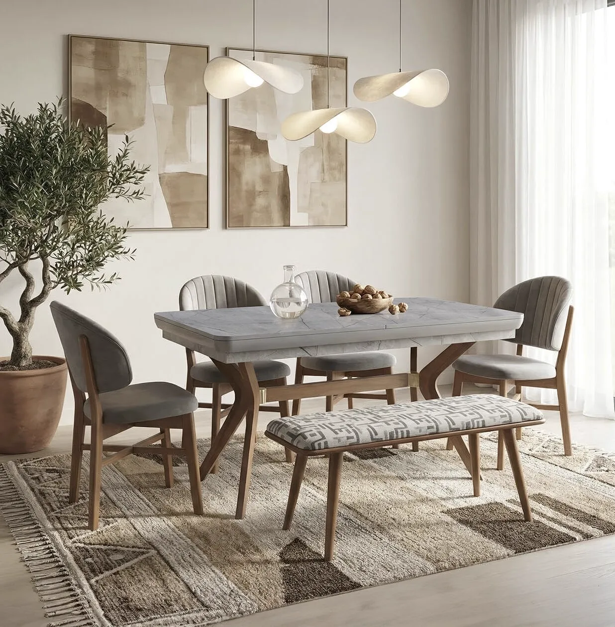 Eros Grey Table & Favori Chair & Ruya Bench Set HDR1413