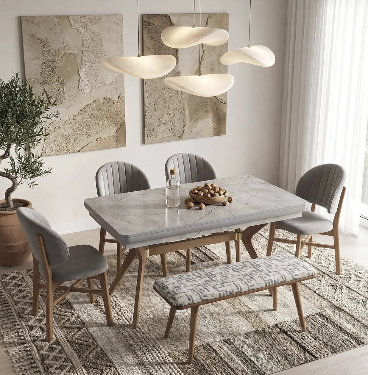 Eros Grey Table & Favori Chair & Ruya Bench Set HDR1413