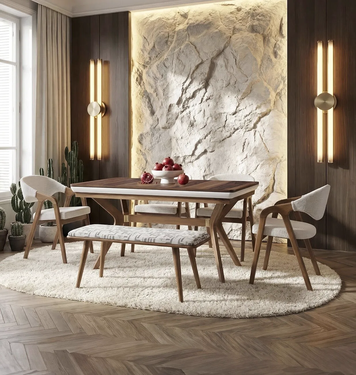 Eros Walnut Table & Nova Chair & Ruya Bench Set HDR1412
