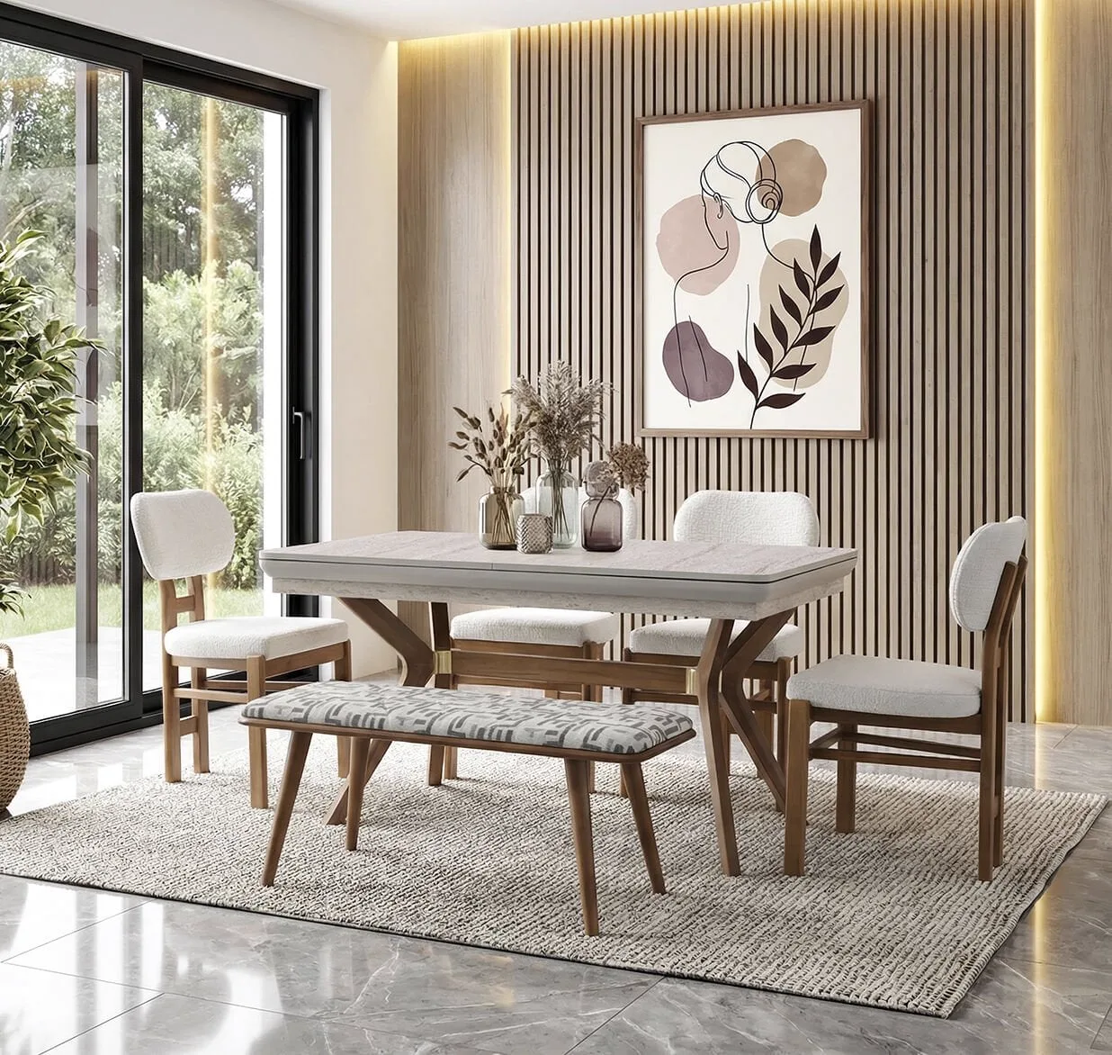 Eros Travertine Table & Asli Chair & Ruya Bench Set HDR1414