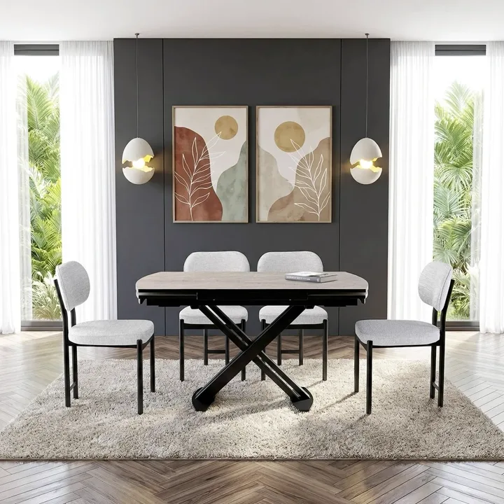 Galata Travertine and Black Dining Table & Ayca Chair Set HDR1420