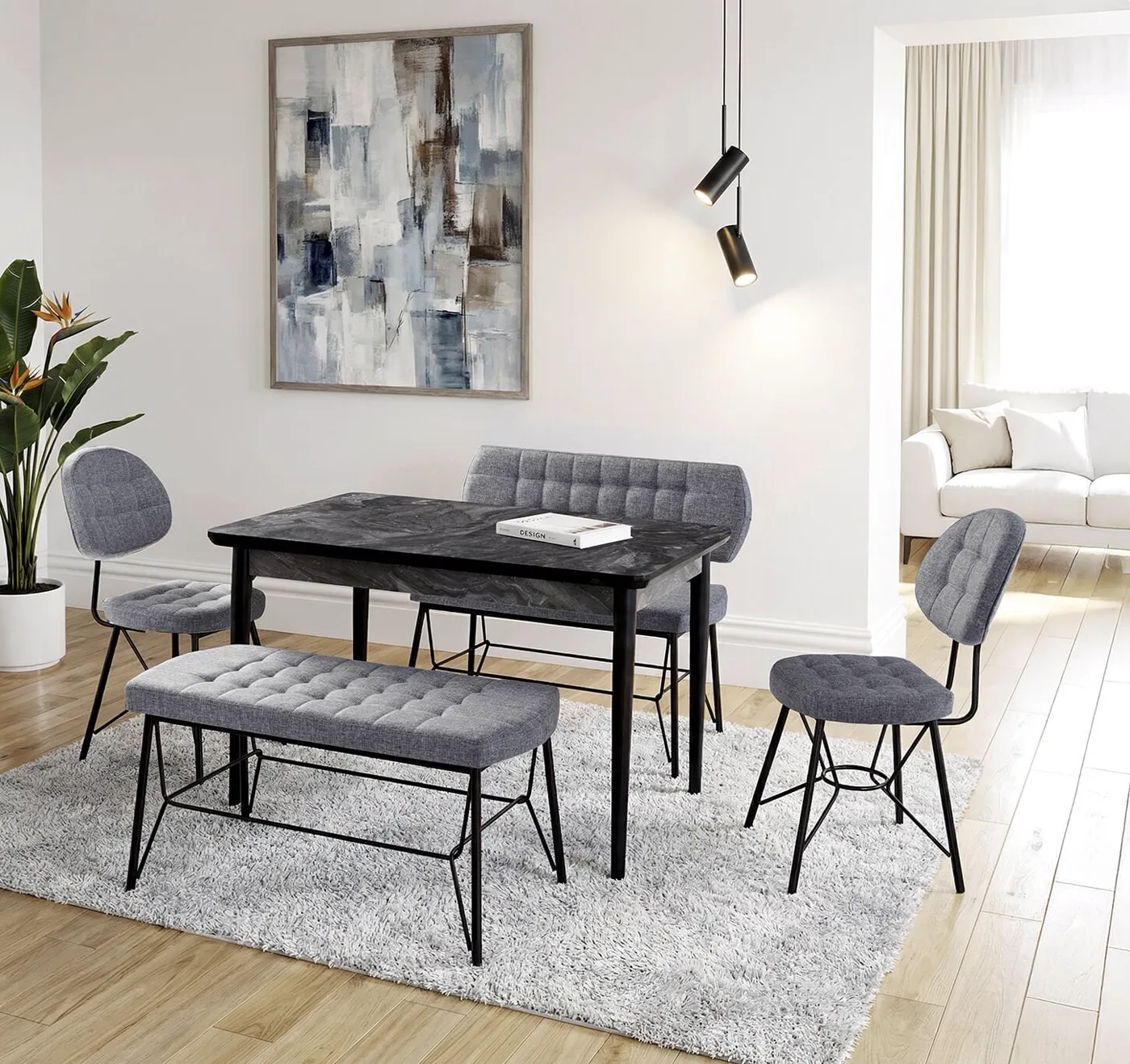Mix Black Marble Dining Table & Gozde Chair & Gozde Bench Set HDR1441