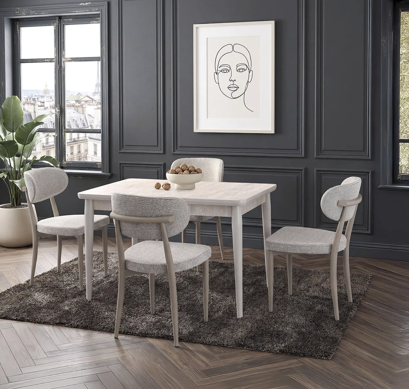Mix Travertine Table & Elma Chair Set HDR1442