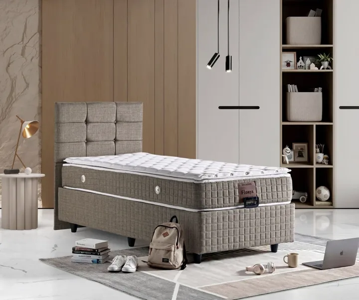 Florya 90x190 Mattress, Divan Base, Headboard Set Coffee TN0725