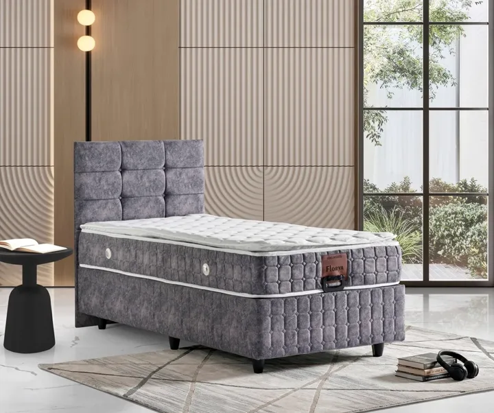 Florya 90x190 Mattress, Divan Base, Headboard Set Blue TN0723