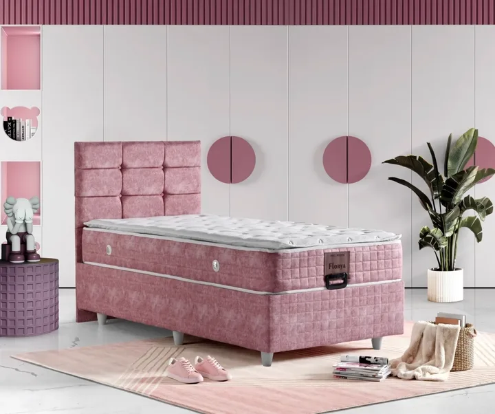 Florya 90x190 Mattress, Divan Base, Headboard Set Pink TN0724