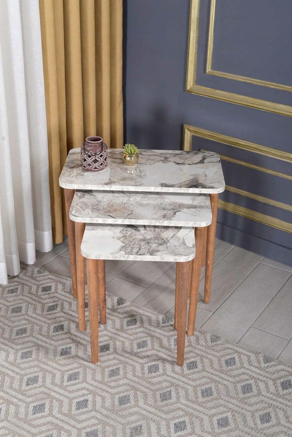 Turned Nesting Tables White Marble TN0709