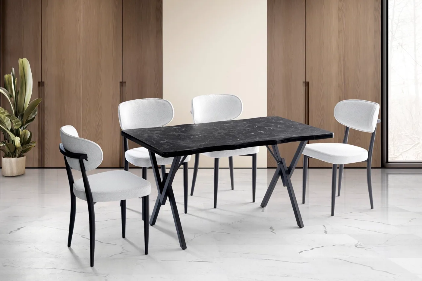 Kutuk 4-Chair Dining Table Set Black Marble TN0642