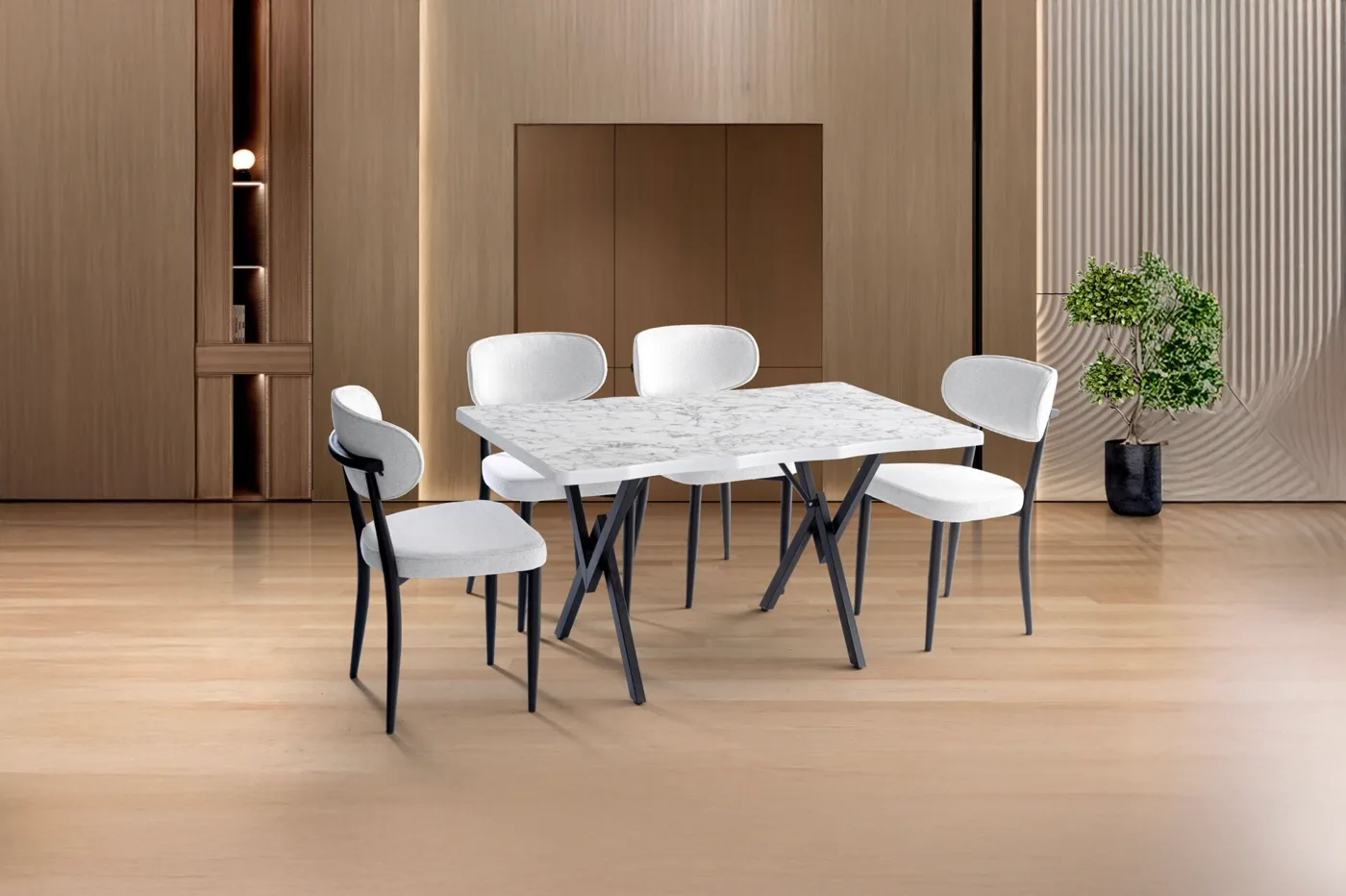 Kutuk 4-Chair Dining Table Set White Marble TN0643