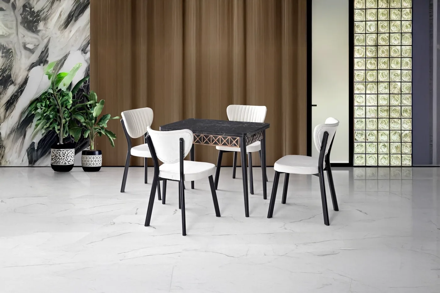 Buyuyen 4-Chair Dining Table Set Black Marble TN0644