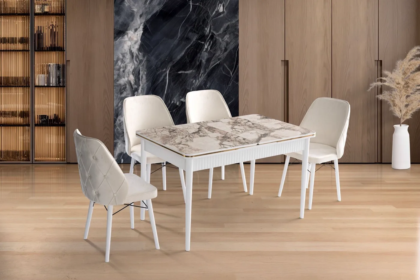 Aras Dining Table and Chair Set White Marble TN0639