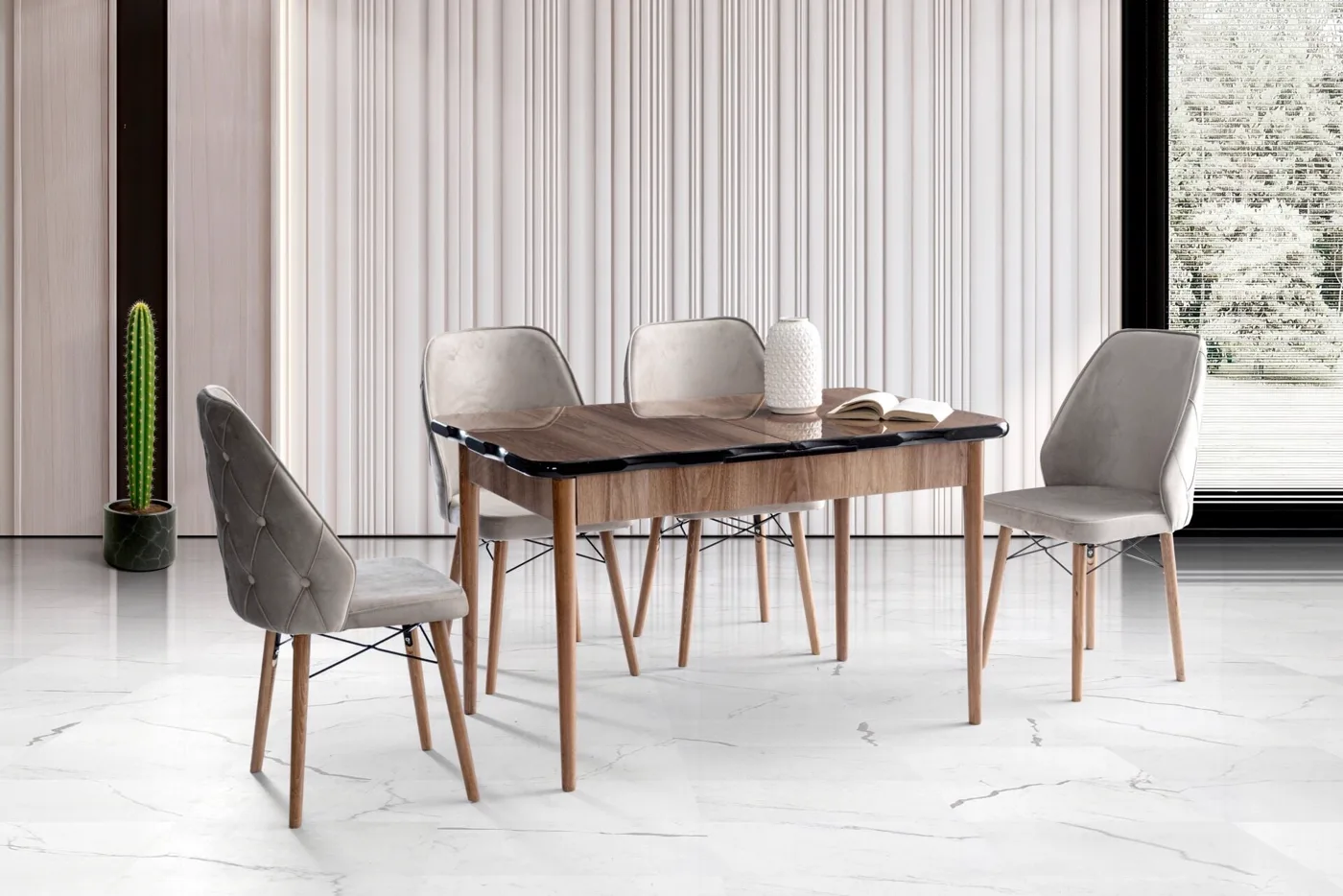 Yener 4-Chair 100% MDF Dining Table Set Walnut TN0633