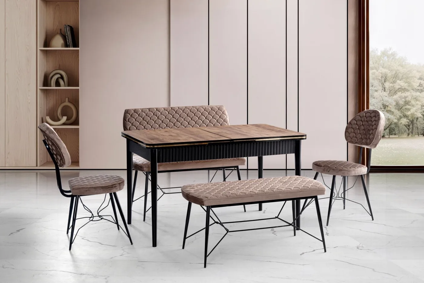 Yaz Bench Table Chair Set Walnut TN0636