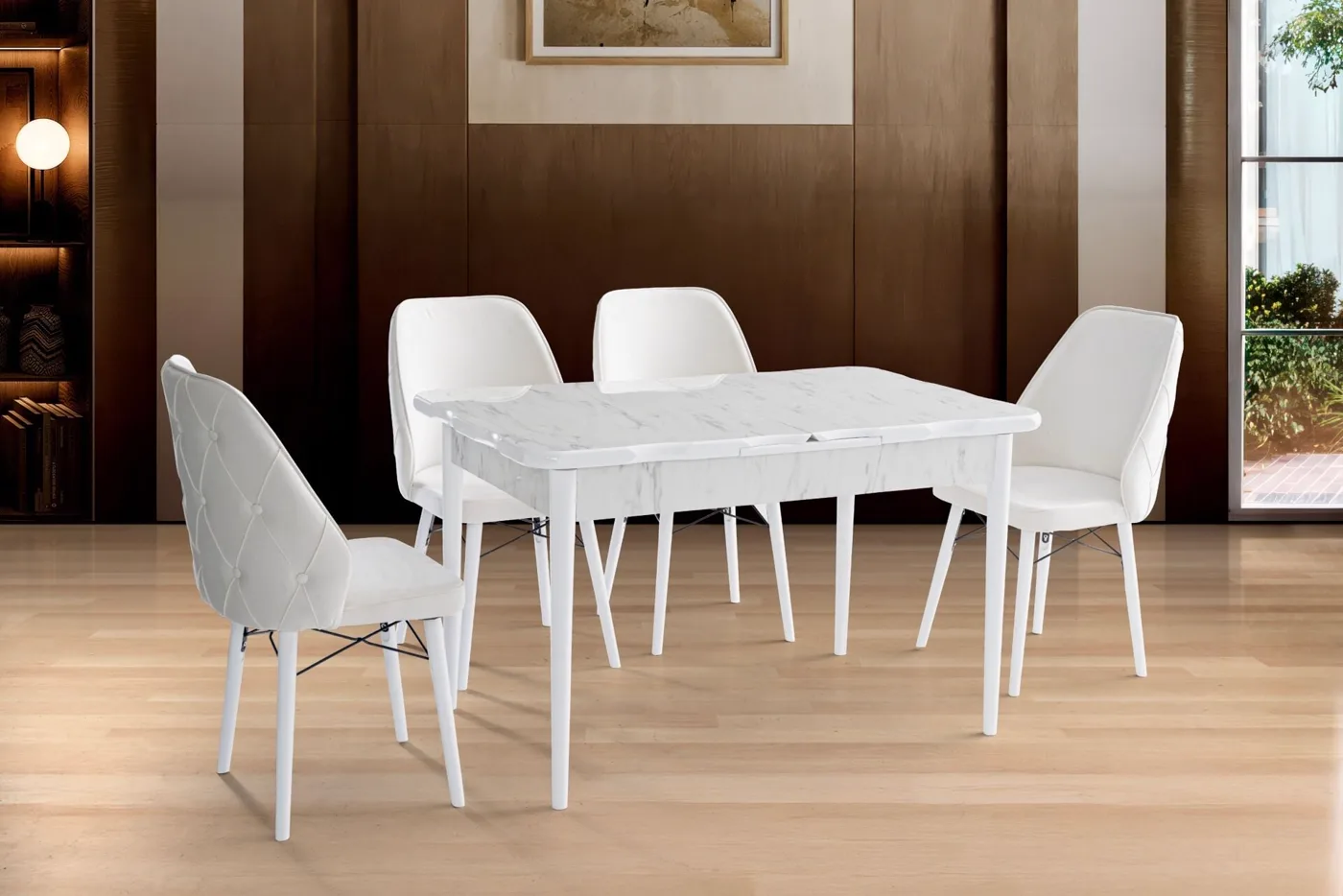 Yener 4-Stuhl 100% MDF Tisch-Set Marmoroptik Weiß TN0634 — PAZAR9