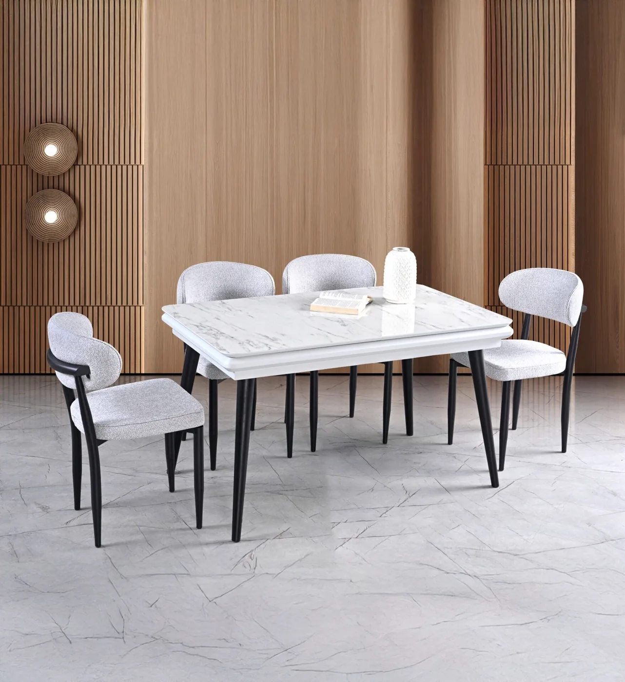 Stil Extendable Table 4 Chairs 100% MDF White Marble TN0629