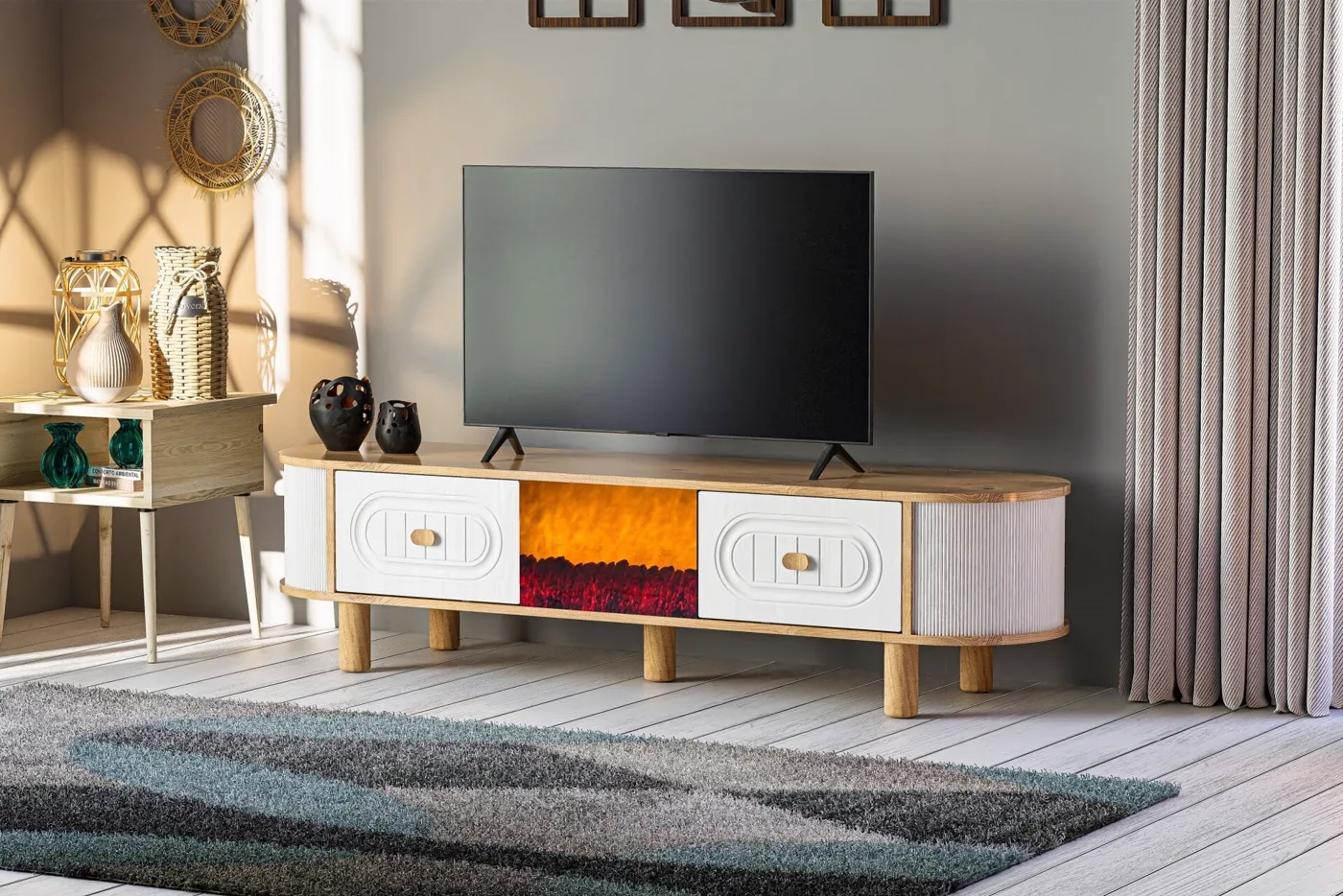 Oval TV Stand with Fireplace, Atlantic Pine - White TN0558