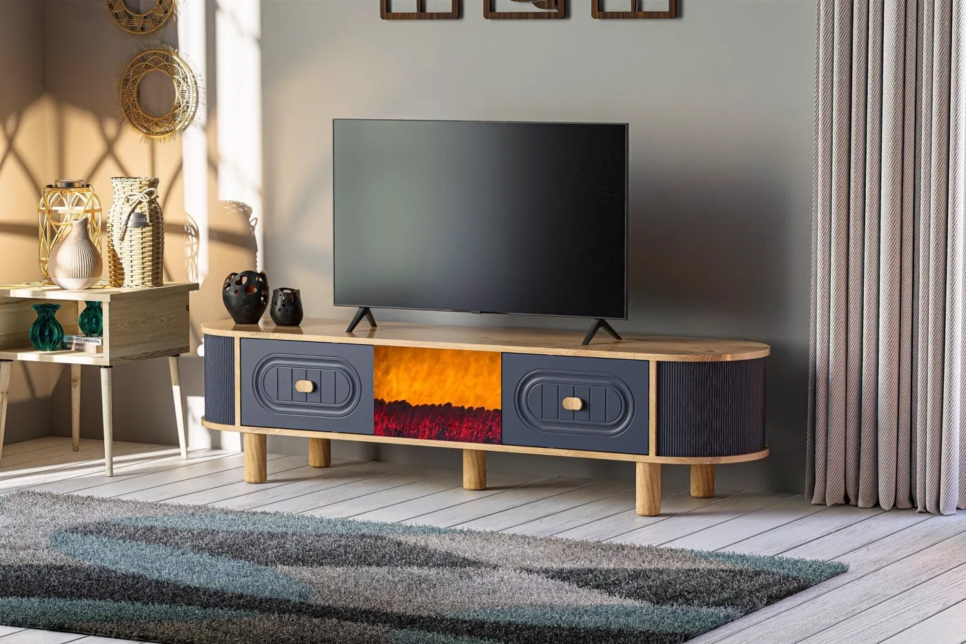 Oval TV Stand with Fireplace, Atlantic Pine - Anthracite TN0559