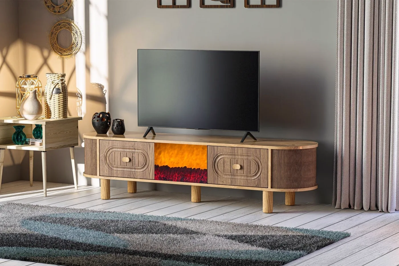 Oval TV Stand with Fireplace, Atlantic Pine - Walnut TN0557