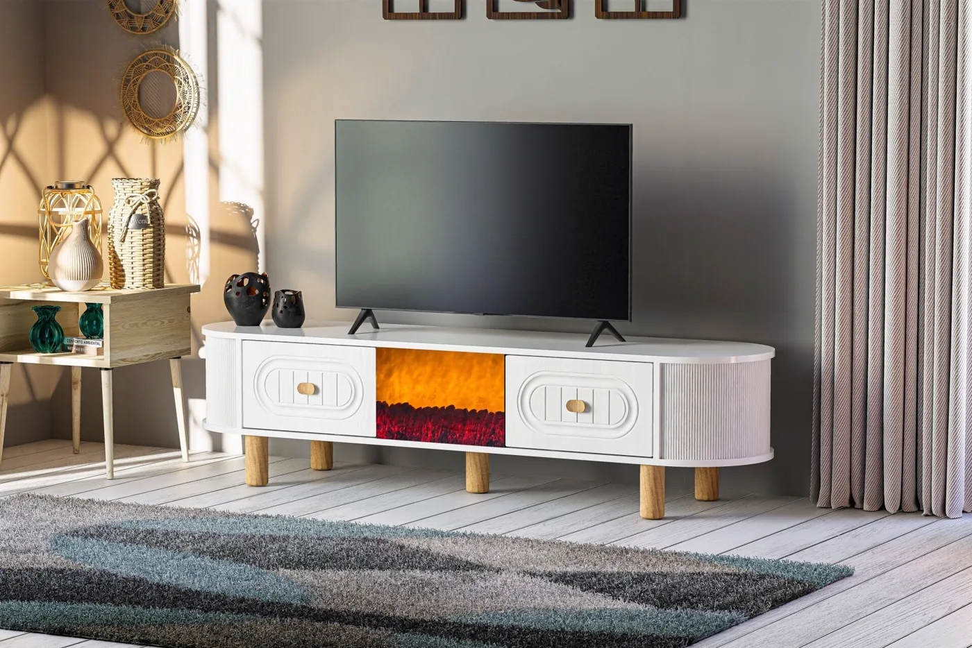 Oval TV Stand with Fireplace, White TN0556