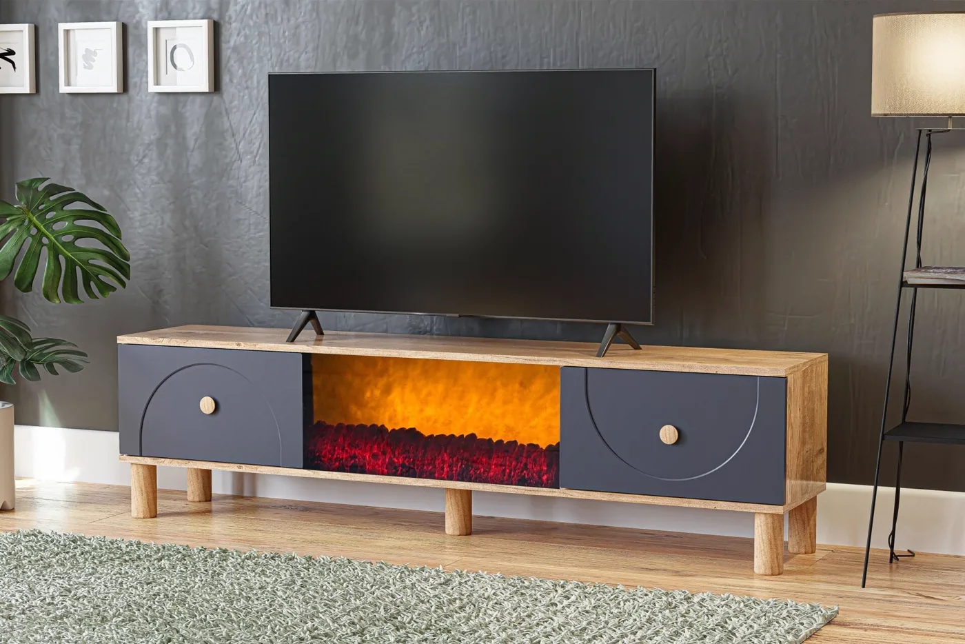Vintage TV Stand with Fireplace, Atlantic Pine - Anthracite TN0563