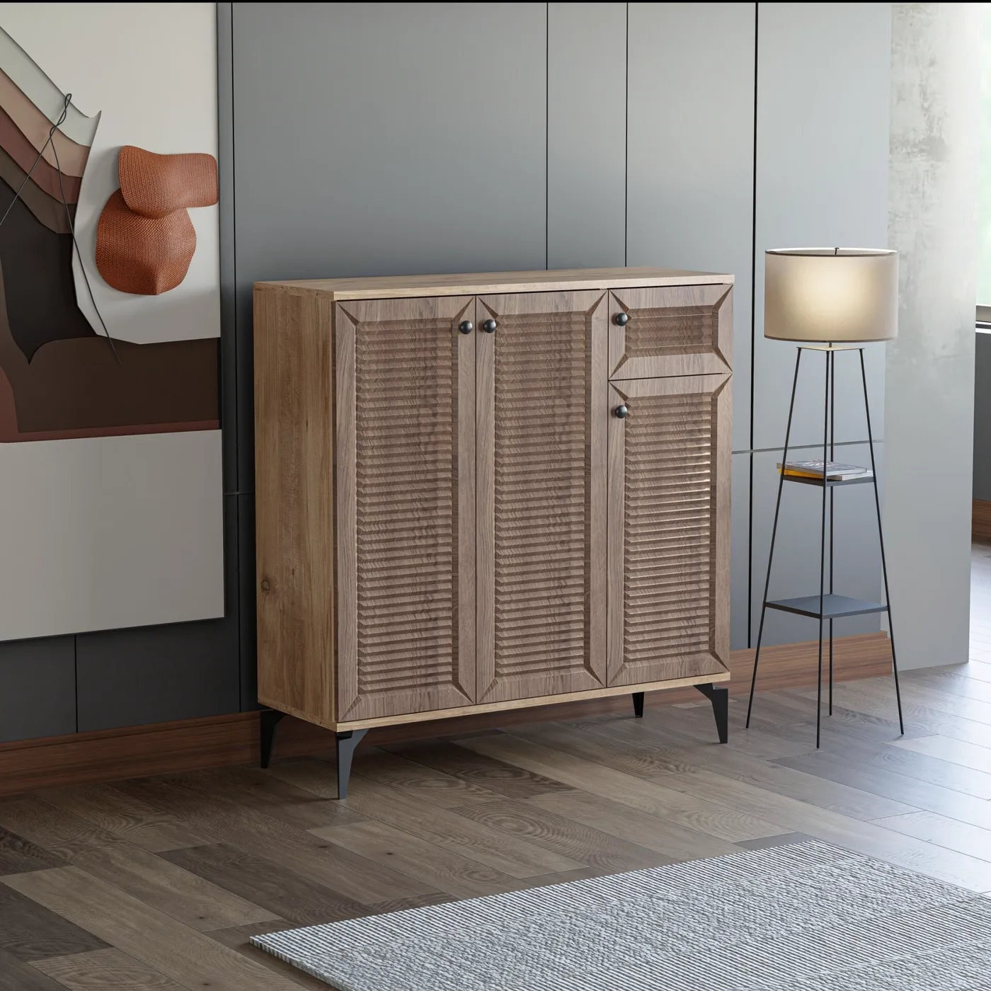 Naz Atlantic Pine - Walnut Shoe Cabinet with 3 Doors TN0465