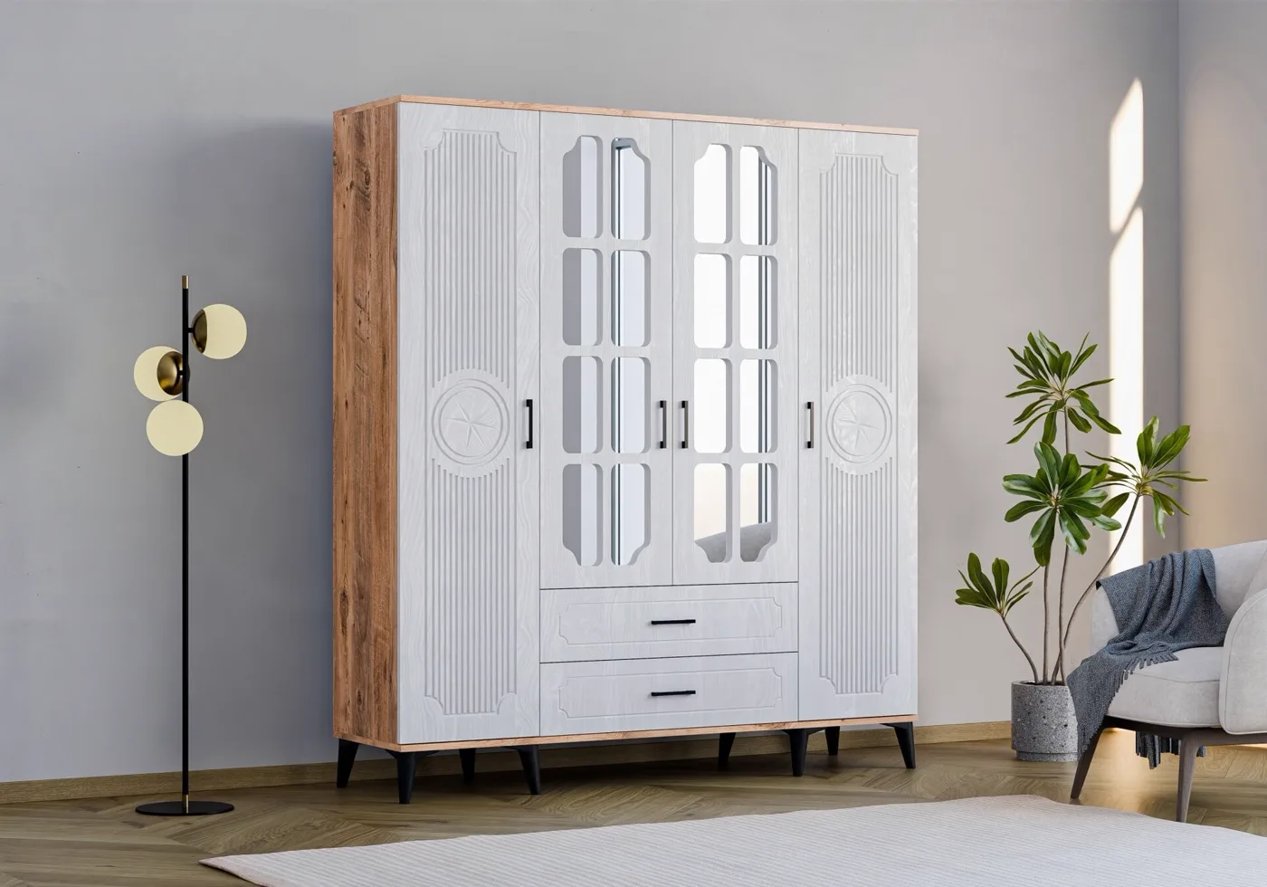 Uzay 4-Door Wardrobe - Atlantic Pine / White TN0380