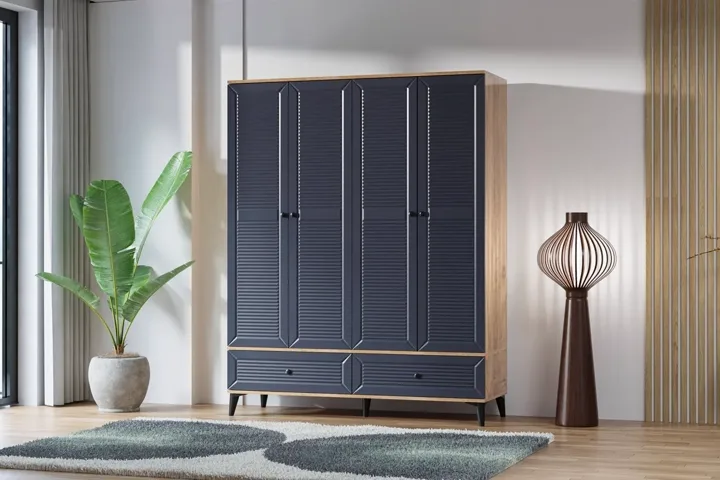 Carina Naz 4-türiger Kleiderschrank - Atlantik-Kiefer / Anthrazit TN0274
