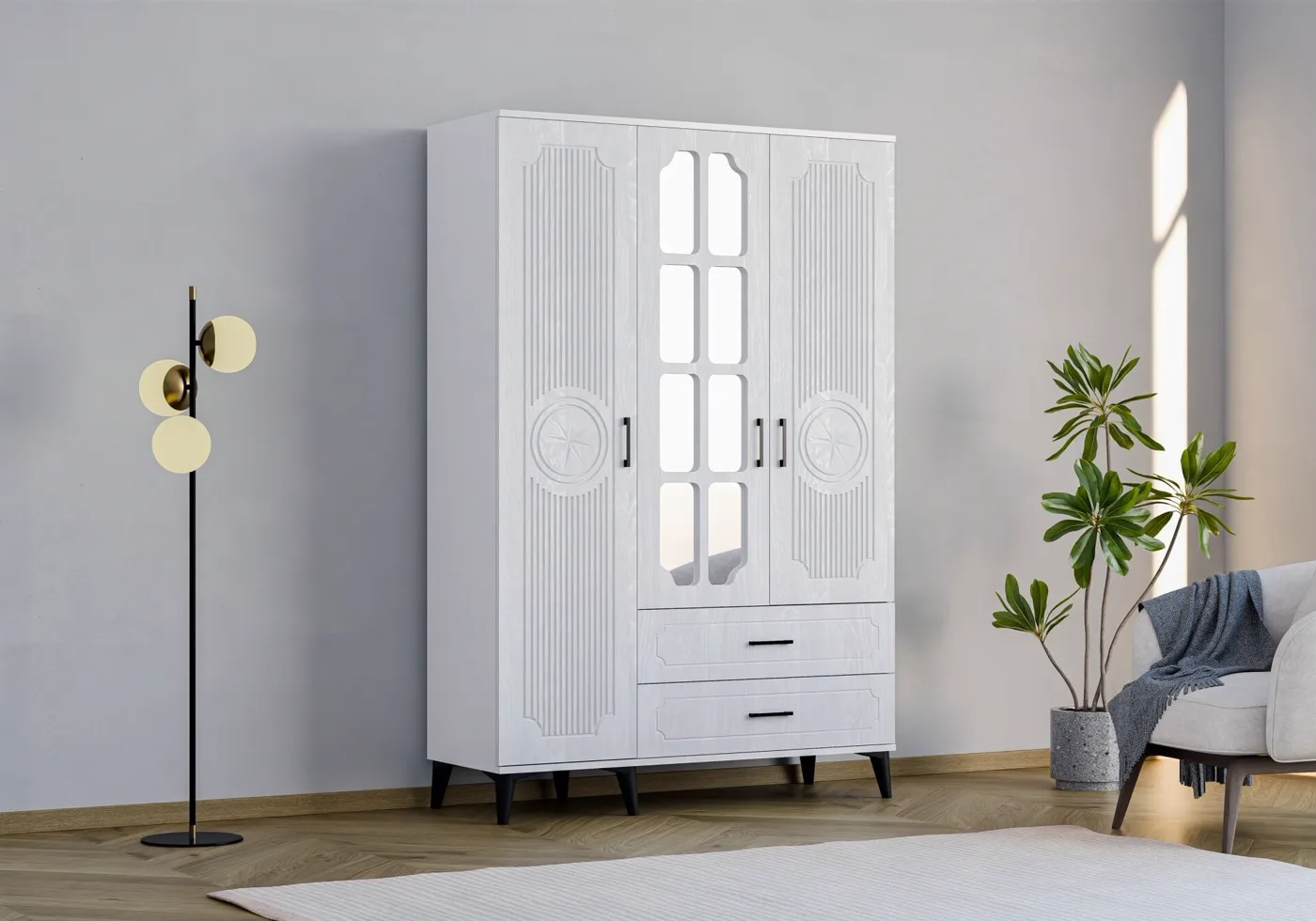 Uzay 3-Door Wardrobe - White TN0378