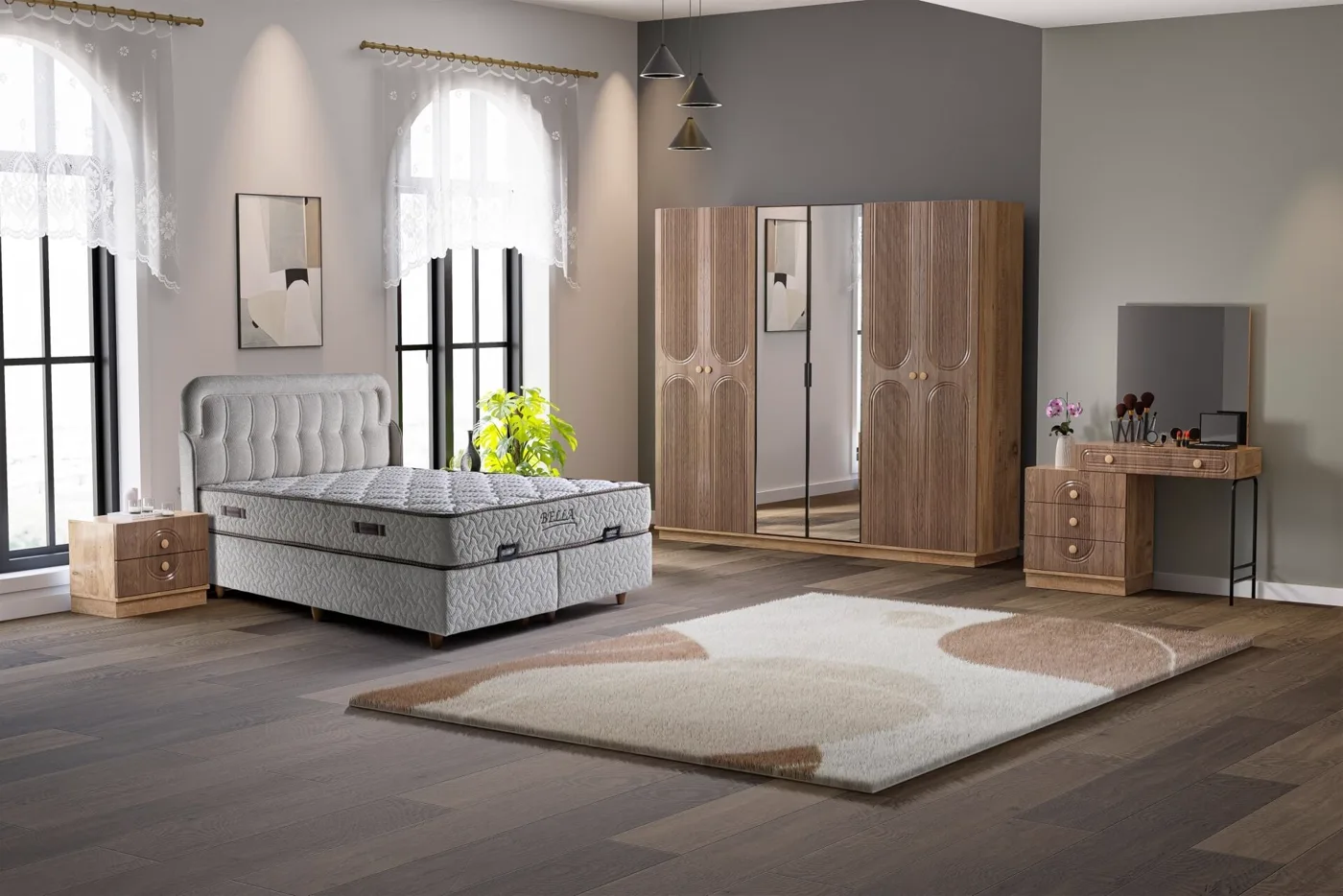 Mira Bedroom Set %100 MDF - Atlantic Pine / Walnut TN0126