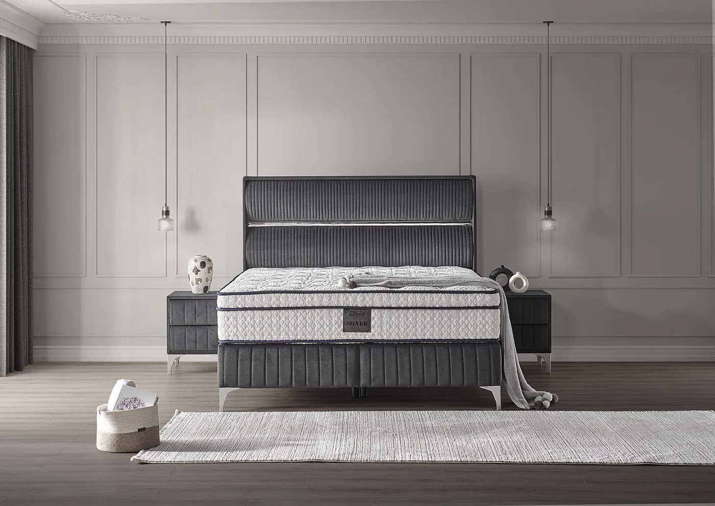 Silver 160x200 Double Mattress, Divan Base, Headboard Set