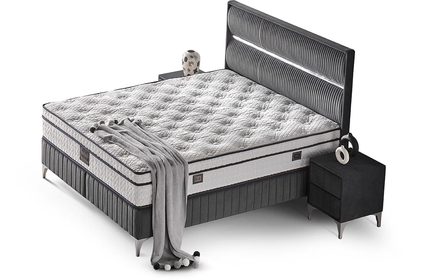 Silver 160x200 Double Mattress, Divan Base, Headboard Set