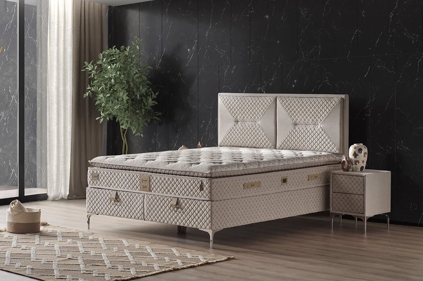 Petra 150x200 Çift Kişilik Yatak, Baza, Başlık Seti