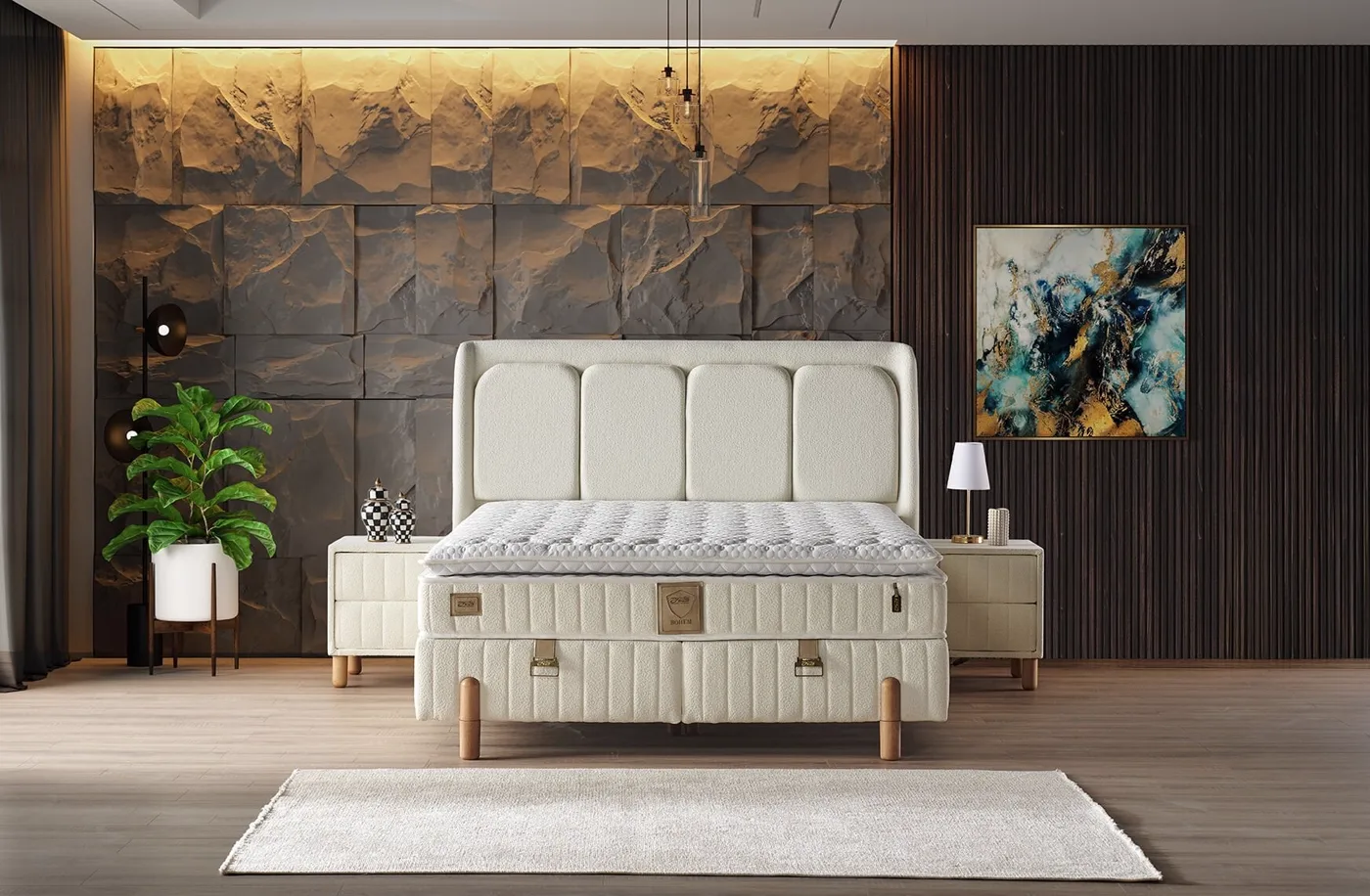 Bohem 150x200 ensemble matelas 2 places, sommier et tête de lit
