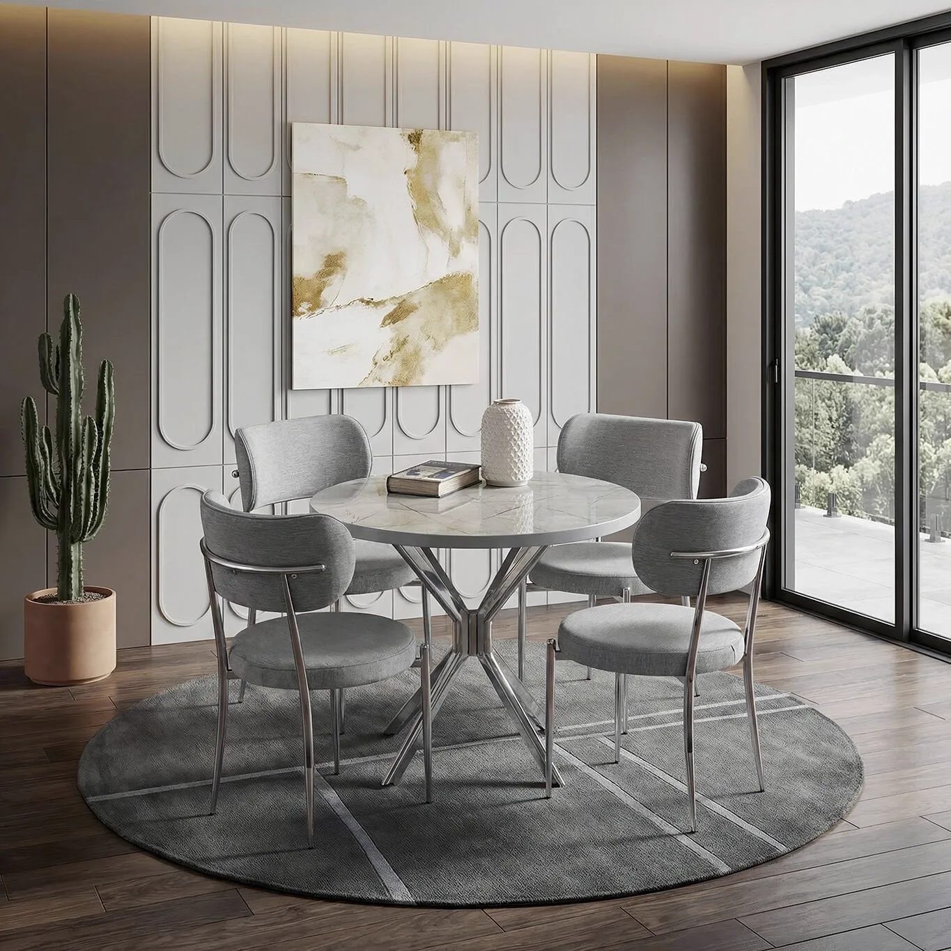 Ceyda Grey Marble Round Table & Atlas Chrome Chair Set HDR1280