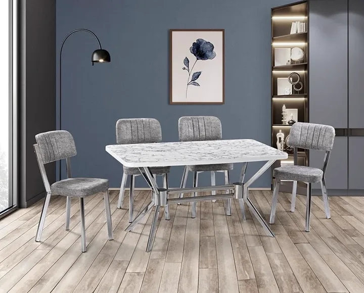 Gaye White Marble Table & Ceyda Chrome Chair Set HDR1267