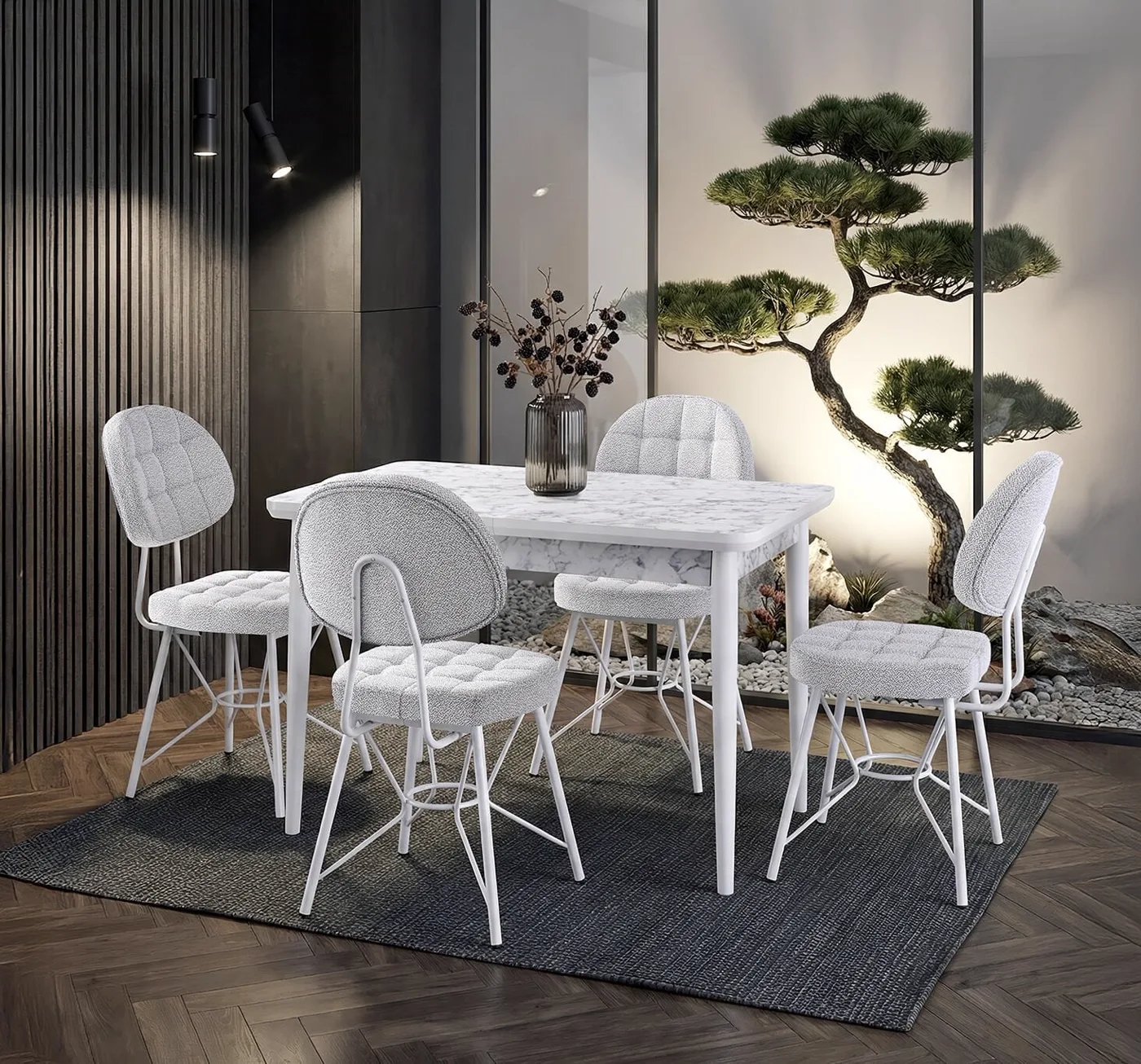 Zen White Marble Table & Gozde White Chair Set HDR1263