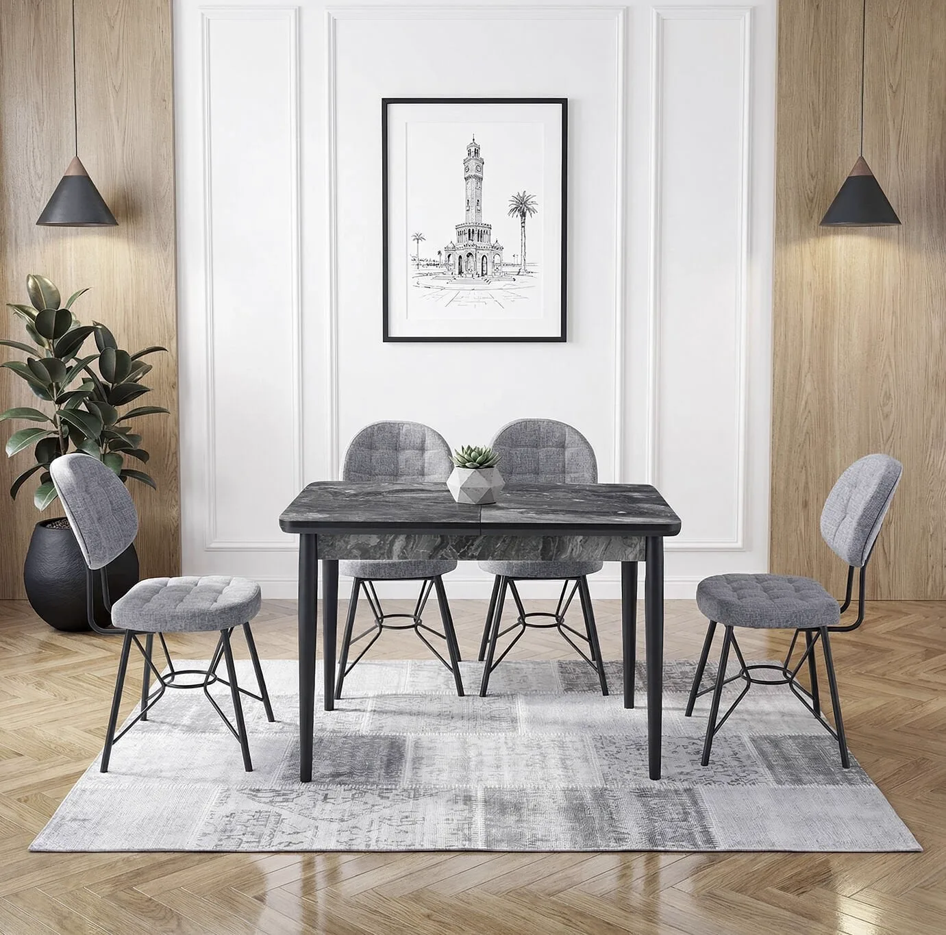 Zen Black Marble Table & Gozde Black Chair Set HDR1264