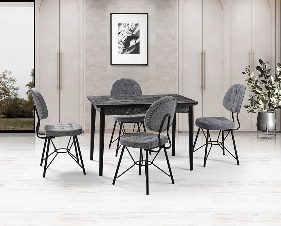 Zen Black Marble Table & Gozde Black Chair Set HDR1264