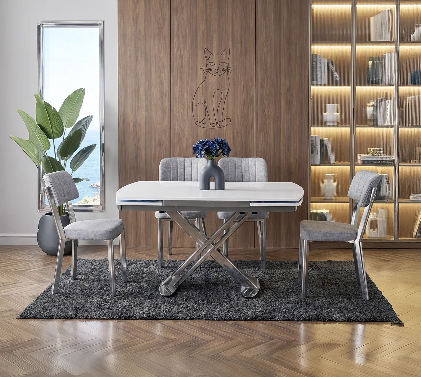 Galata White Table & Ceyda Chrome Chair Set HDR1249