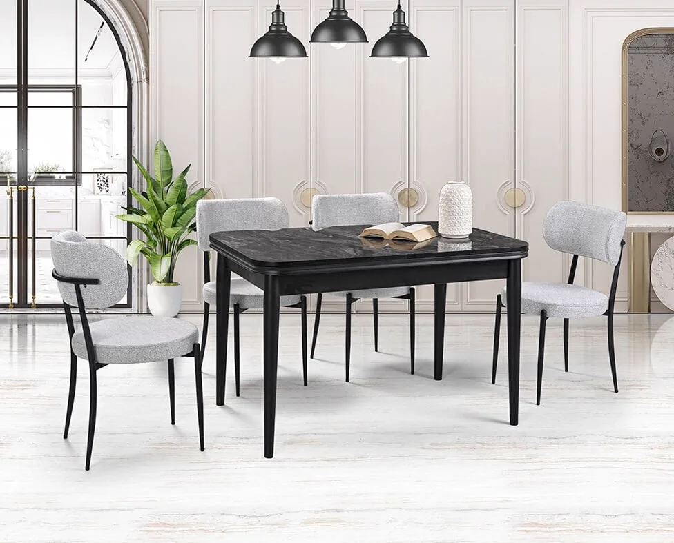 Manolya Black Marble Table & Atlas Metal Chair Set HDR1234
