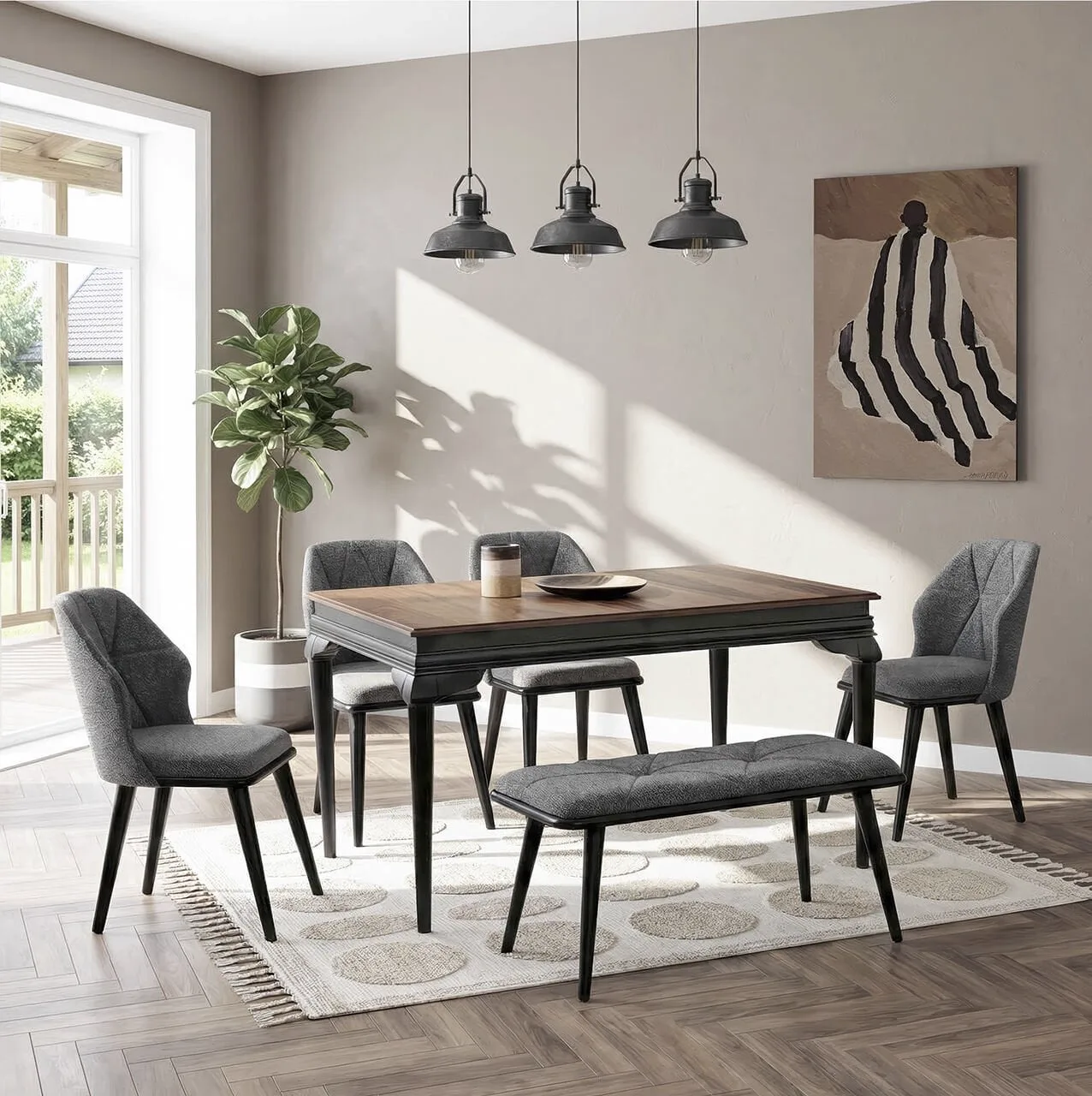 Ensemble table Avangard noire, chaises Buse et banc Ruya HDR1218